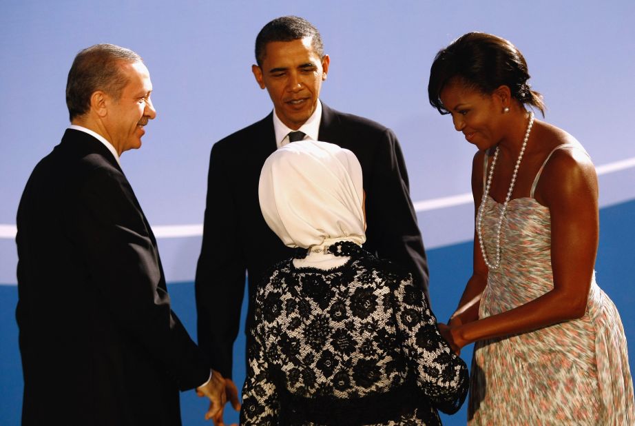 Erdogan and his wife, Emine, greet US President Barack Obama and first lady Michelle Obama at the G-20 Summit in Pittsburgh in 2009.
