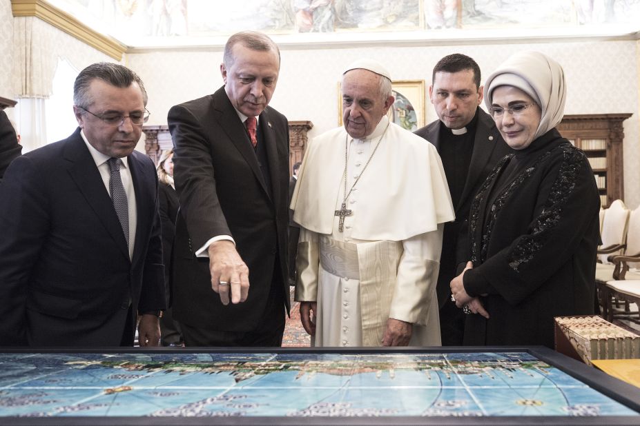 Erdogan and his wife, Emine, visit Pope Francis at the Vatican in February 2018.