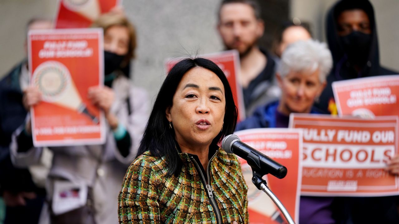 Philadelphia Councilmember Helen Gym speaks outside City Hall in Philadelphia, Tuesday, March 15, 2022. 