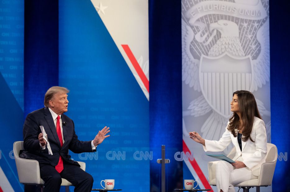 Former US President Donald Trump participates in a <a href="https://www.cnn.com/2023/05/10/politics/cnn-town-hall-trump/index.html" target="_blank">CNN town hall</a> moderated by Kaitlan Collins in Manchester, New Hampshire, on Wednesday, May 10. Trump, the frontrunner for the GOP presidential nomination in 2024, once again refused to concede that he lost the 2020 election, and he repeated false claims about it being stolen.
