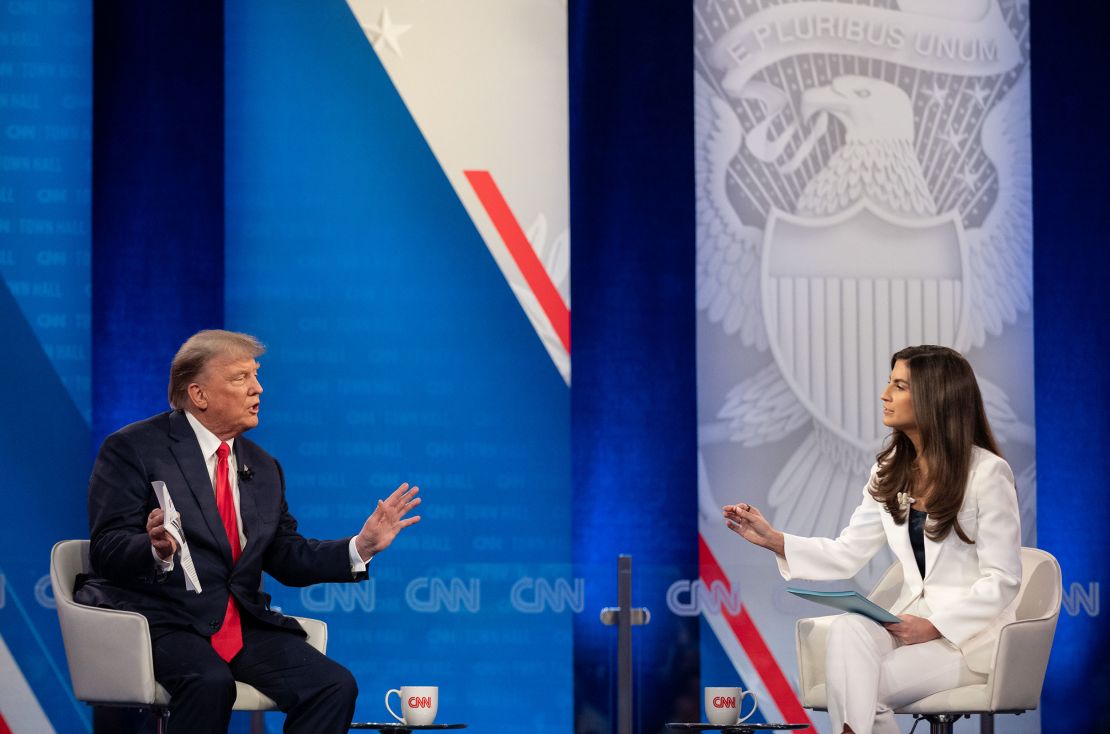 Former President Donald Trump participates in a CNN Republican Town Hall moderated by CNN's Kaitlan Collins at St. Anselm College in Manchester, New Hampshire, on Wednesday, May 10.