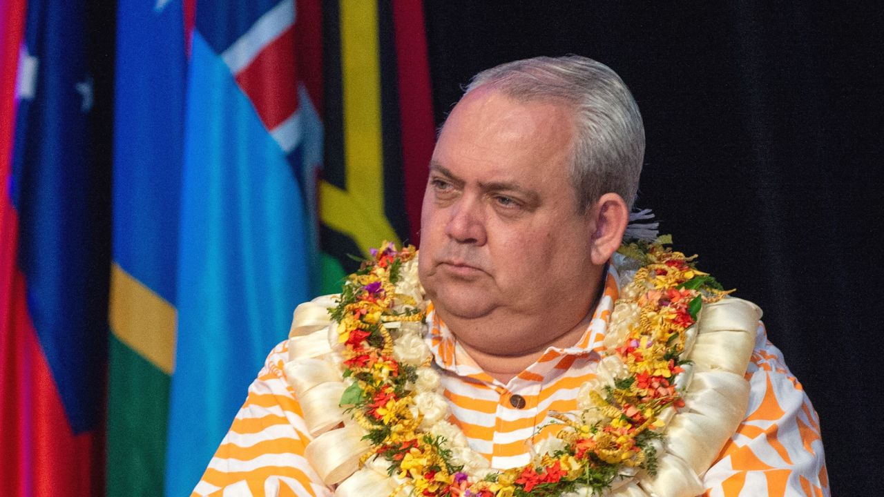 Papua New Guinea's Foreign Minister Justin Tkatchenko attend a welcome ceremony at the Pacific Islands Forum Special Leaders Retreat in Nadi on February 23.
