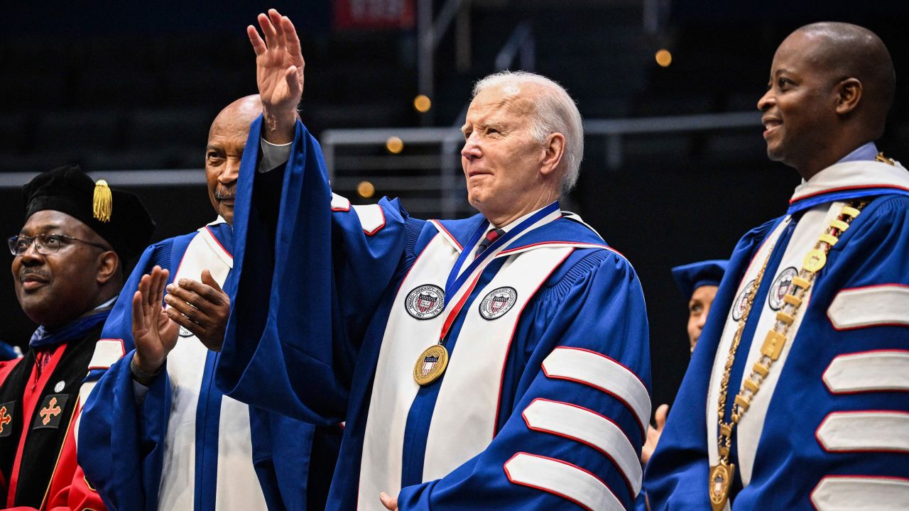 President Joe Biden participates in a Howard University graduation ceremony at the Capital One Arena in Washington, DC, on May 13, 2023. 