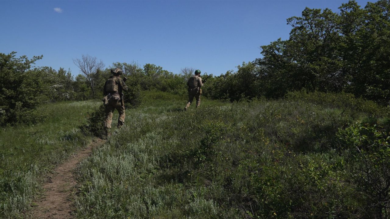 Ukrainian soldiers use the forest foliage as cover from Russian attacks on the outskirts of Bahkmut.