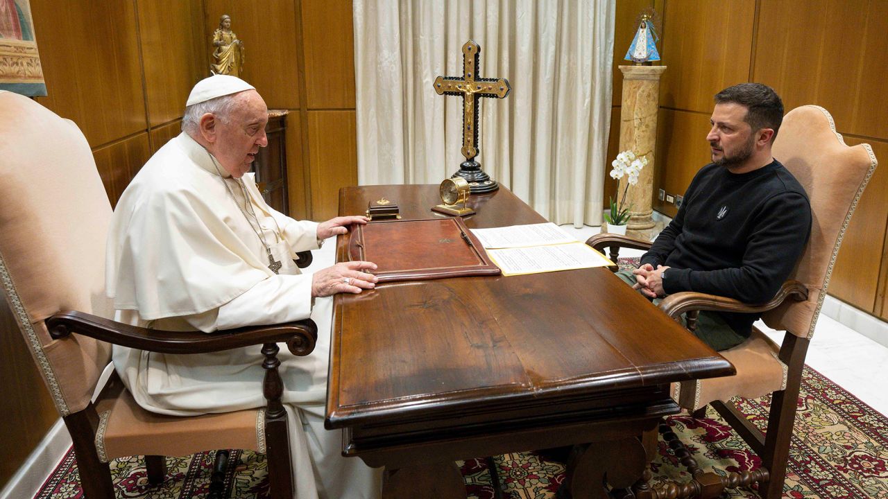 Pope Francis meets with Ukrainian President Volodymyr Zelensky during a private audience at the Vatican on Saturday.