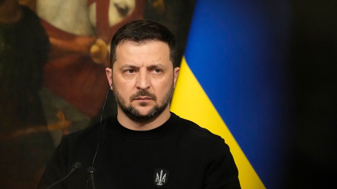Volodymyr Zelensky attends a press conference in Rome on Saturday.