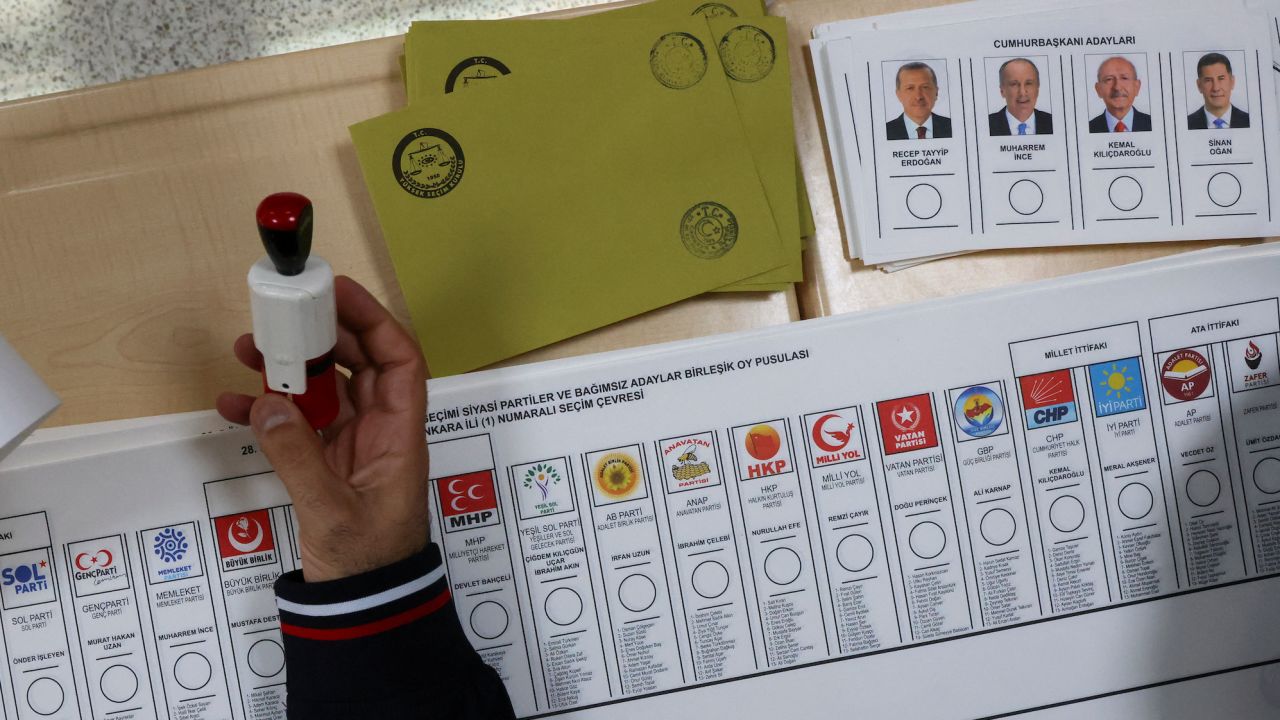 A view of blank ballots at a polling station in Ankara.