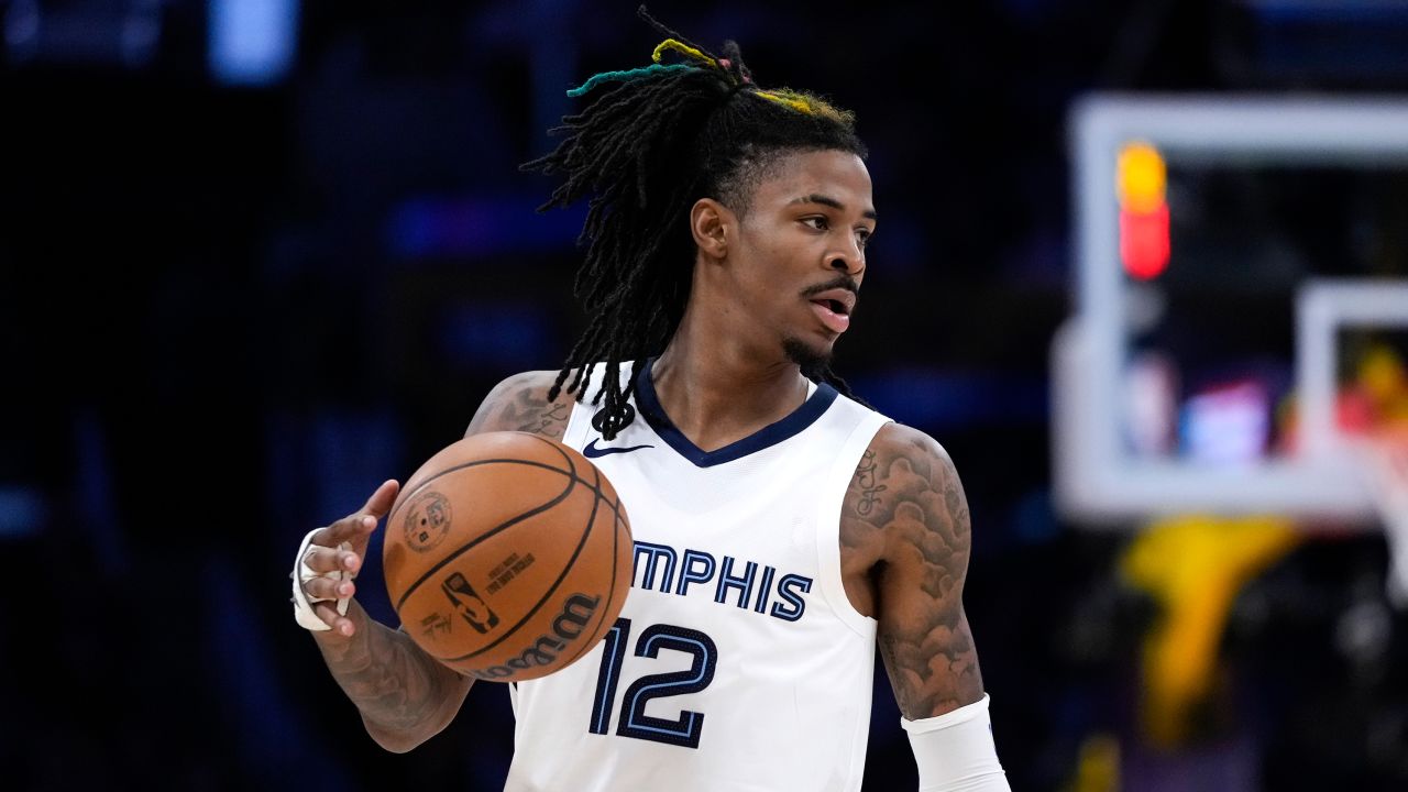 Memphis Grizzlies' Ja Morant dribbles during the second half in Game 4 of a first-round NBA basketball playoff series against the Los Angeles Lakers Monday, April 24, 2023, in Los Angeles. 