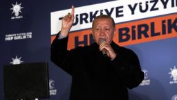 Turkish President Recep Tayyip Erdogan speaks to supporters at AK Party headquarters on May 15, 2023 in Ankara, Turkey. 