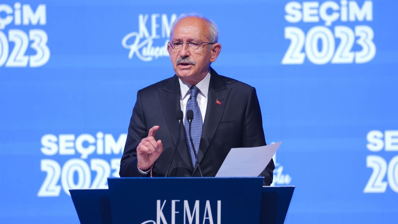 Kemal Kilicdaroglu, the 74-year-old leader of the center-left, pro-secular Republican People's Party (CHP) speaks at the party's headquarters in Ankara, Turkey, on Sunday, May 14, 2023. 