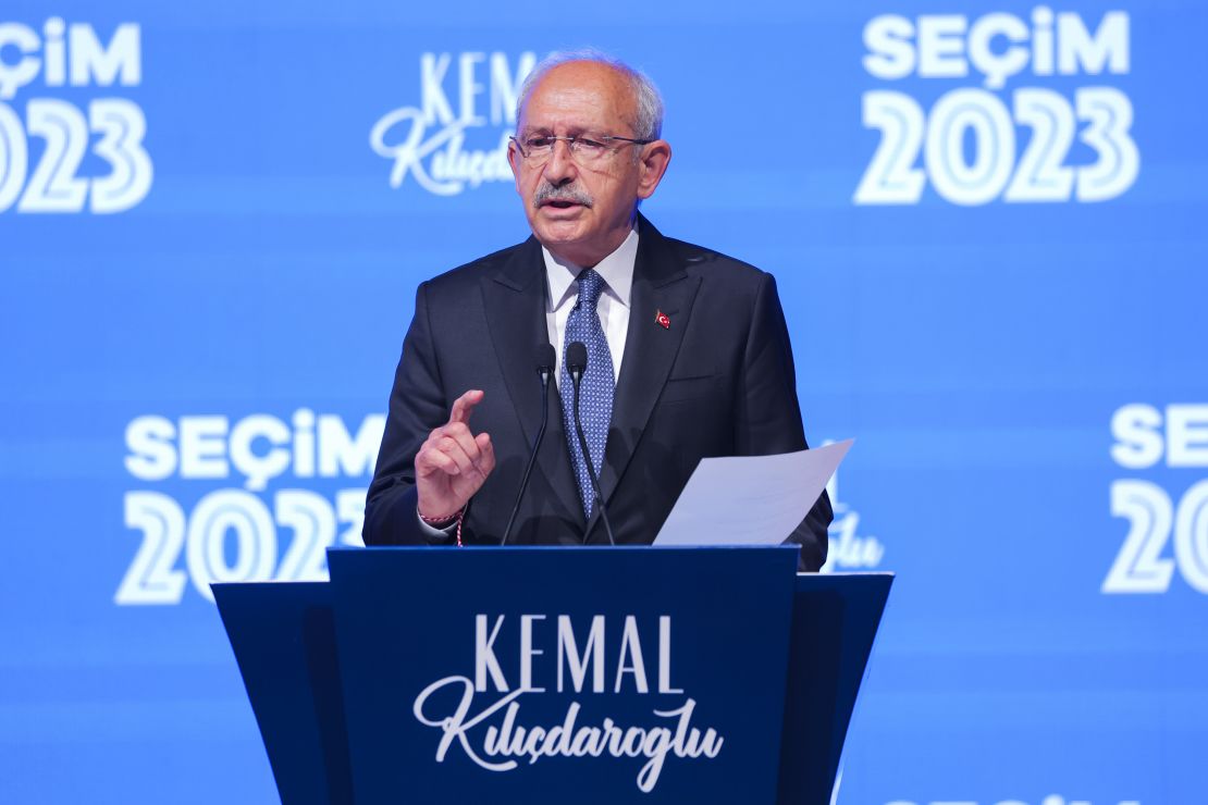 Kemal Kilicdaroglu, the 74-year-old leader of the center-left, pro-secular Republican People's Party (CHP) speaks at the party's headquarters in Ankara, Turkey, on Sunday, May 14, 2023. 