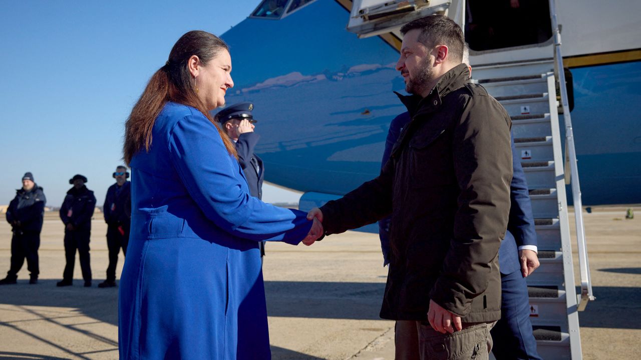 Ukraine's President Volodymyr Zelenskiy shakes hands with Ukrainian ambassador to the U.S. Oksana Markarova as he arrives in Washington for talks with U.S. President Joe Biden and an address to a joint meeting of Congress, amid Russia's attack on Ukraine, U.S., December 21, 2022. Ukrainian Presidential Press Service/Handout via REUTERS ATTENTION EDITORS - THIS IMAGE HAS BEEN SUPPLIED BY A THIRD PARTY.