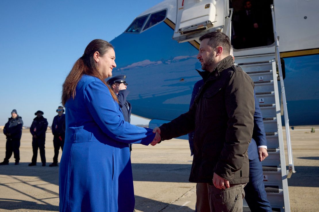 Ukraine's President Volodymyr Zelenskiy shakes hands with Ukrainian ambassador to the U.S. Oksana Markarova as he arrives in Washington for talks with U.S. President Joe Biden and an address to a joint meeting of Congress, amid Russia's attack on Ukraine, U.S., December 21, 2022.  Ukrainian Presidential Press Service/Handout via REUTERS ATTENTION EDITORS - THIS IMAGE HAS BEEN SUPPLIED BY A THIRD PARTY.