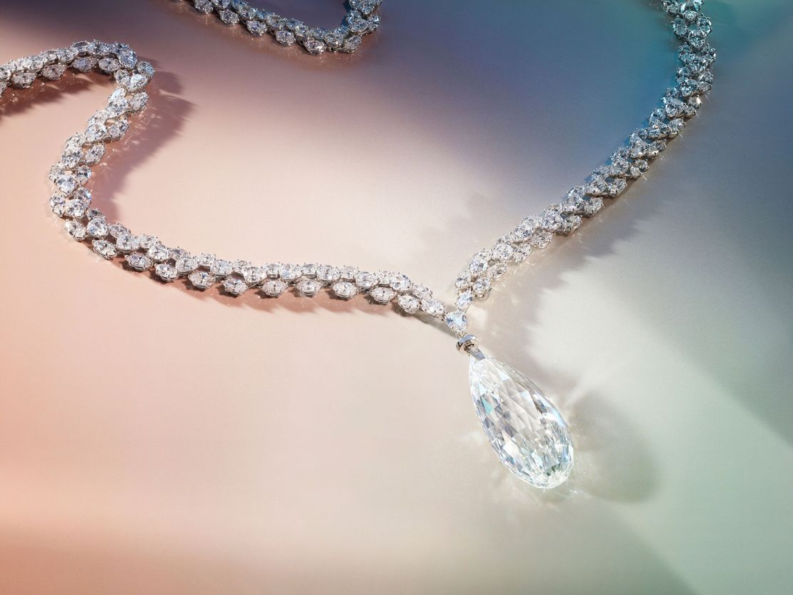 The Harry Winston necklace features a 90.38-carat briolette-cut diamond, alongside smaller marquise and pear-shaped diamonds.