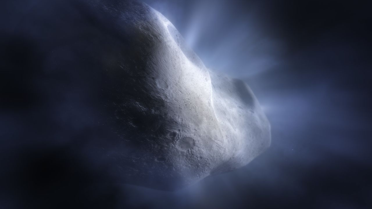 An artist's illustration shows ice vaporizing into a gas from Comet 238P/Read as its orbit approaches the sun.