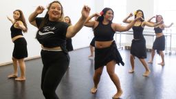 Tamara Bejar Hernandez, second from left, leads the group, Lei Pasifika, on a Saturday morning, May 6, 2023, in New York. According to Hernandez, they rehearsed a Tahitian dance style called Aparima, or, 'movement of the hand,' dancing to the song "Te Pua No'a No'a," which tells a story about the flowers spread throughout the island of Tahiti. This dance uses the expression of the dancer's hands to tell a story.