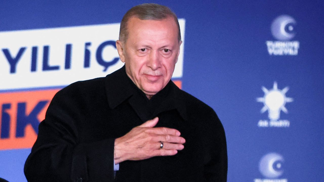 Turkish President Tayyip Erdogan speaks at the AK Party headquarters in Ankara, Turkey May 15, 2023. 
