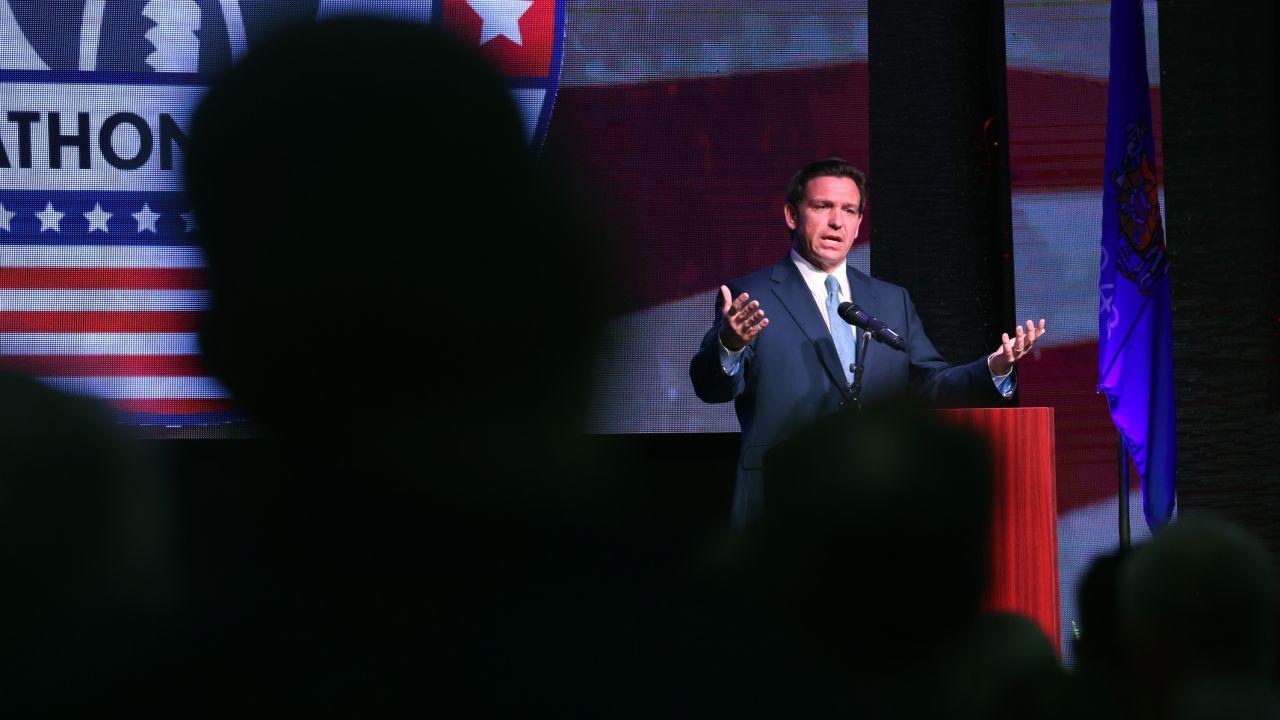 Florida Gov. Ron DeSantis speaks to guests at the Republican Party of Marathon County Lincoln Day Dinner annual fundraiser on May 6, 2023, in Rothschild, Wisconsin. 