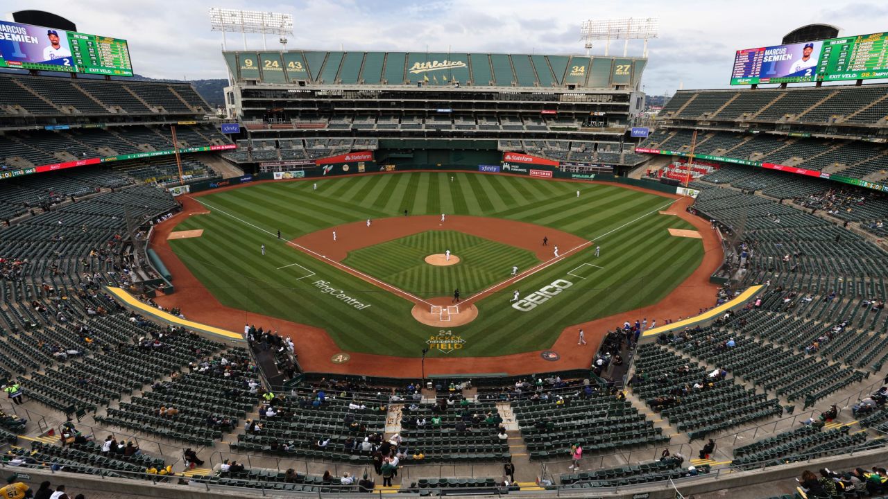 The A's Oakland Coliseum stadium is seen during a game against the Texas Rangers in May last year.
