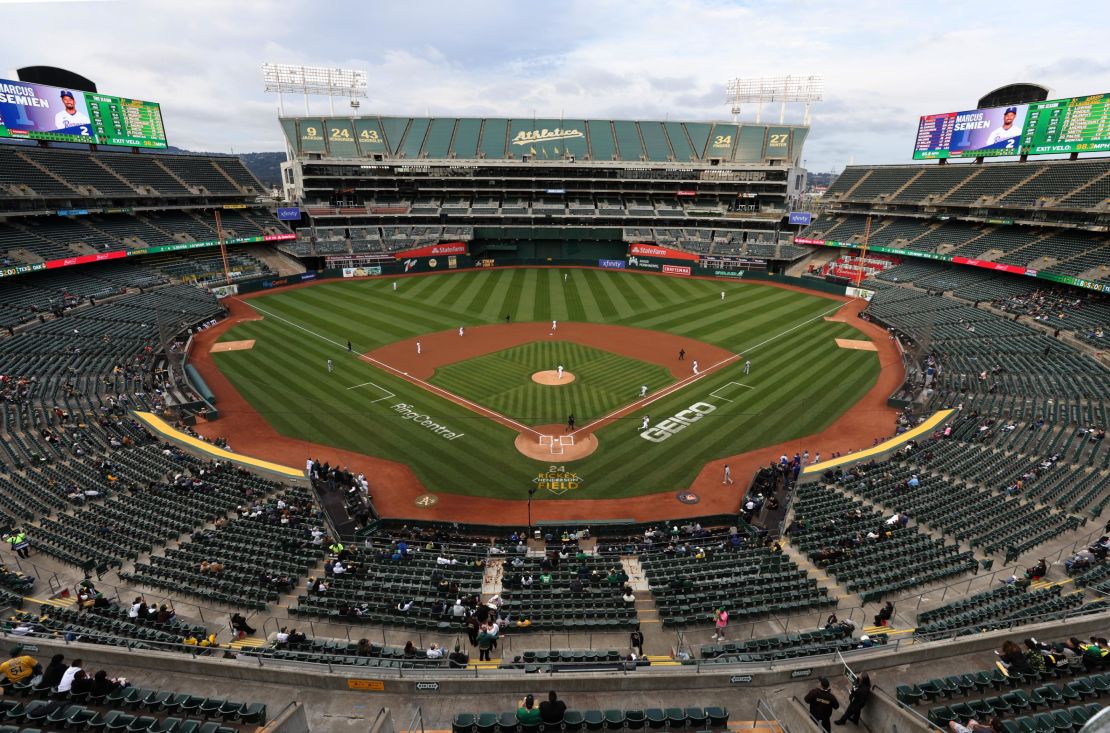 The A's Oakland Coliseum stadium is seen during a game against the Texas Rangers in May last year. 