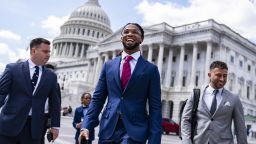 UNITED STATES - MARCH 29: Buffalo Bills safety Damar Hamlin is seen outside the U.S. Capitol before a news conference on the Access to AEDs Act, which aims improve access to defibrillators in schools, on Wednesday, March 29, 2023. (Tom Williams/CQ Roll Call via AP Images)