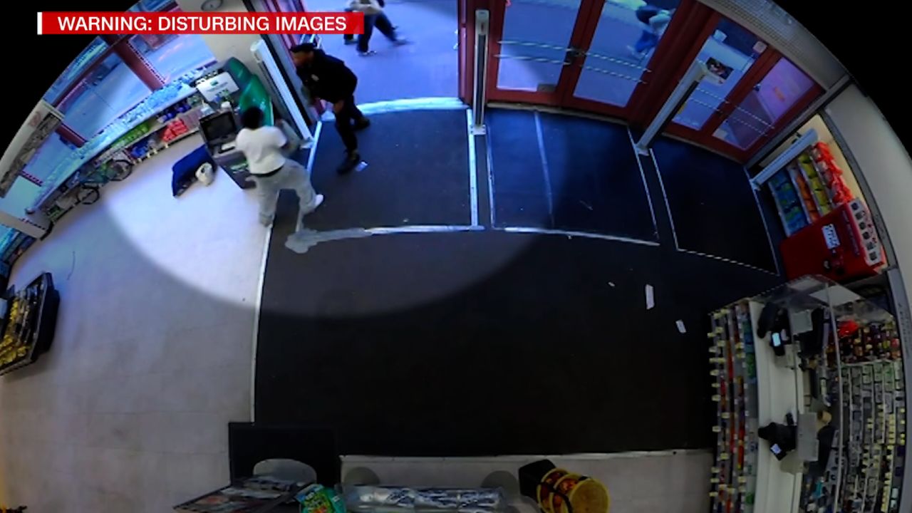 Surveillance camera video shows a portion of the encounter involving Banko Brown, left, and security guard Michael Anthony before Anthony fatally shot Banko.