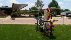 A memorial is seen outside of a Sonic in Keene, Texas.