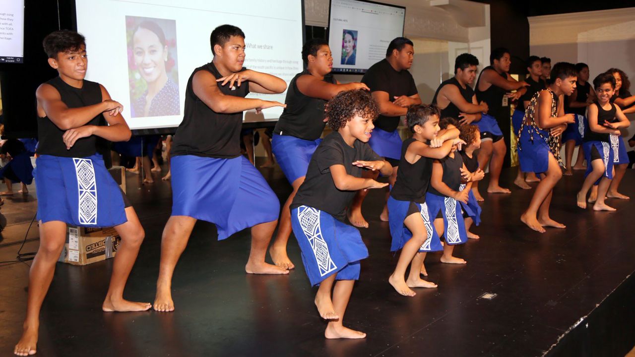 At the TOFA Scholarships Fundraiser Luau in 2019, the Heartbeats group performs the Māori haka.