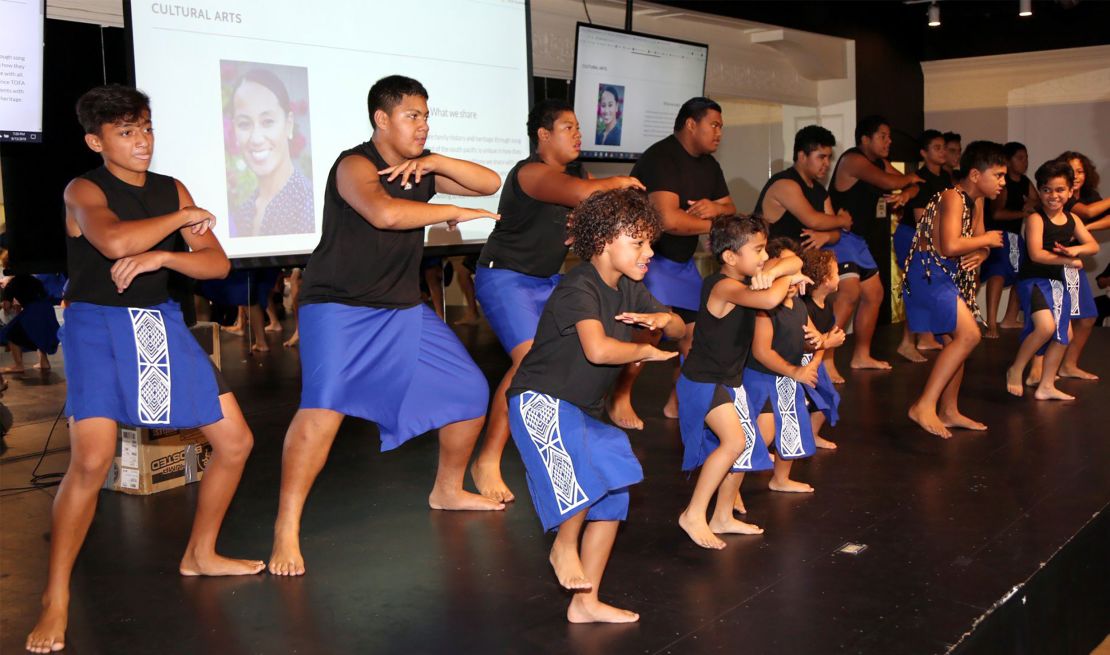 At the TOFA Scholarships Fundraiser Luau in 2019, the Heartbeats group performs the Māori haka. 