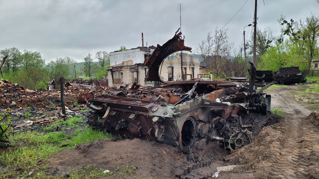 A destroyed apartment block in Izium, Kharkiv region, in April 2023.