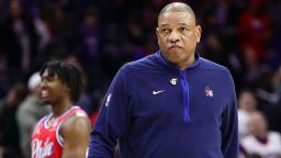 PHILADELPHIA, PENNSYLVANIA - FEBRUARY 10: Head coach Doc Rivers of the Philadelphia 76ers looks on during the fourth quarter against the New York Knicks at Wells Fargo Center on February 10, 2023 in Philadelphia, Pennsylvania. NOTE TO USER: User expressly acknowledges and agrees that, by downloading and or using this photograph, User is consenting to the terms and conditions of the Getty Images License Agreement.