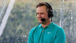 Trevor Immelman commentates from the booth during The Match: Champions For Charity at Medalist Golf Club on May 24, 2020, in Hobe Sound, Florida.