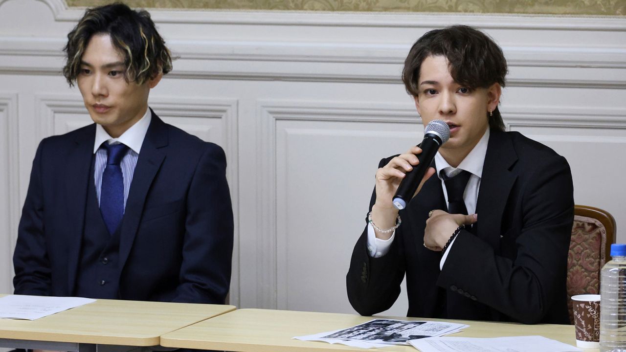 Dancer Yasushi Hashida (L) and singer Kauan Okamoto attend a hearing conducted by the Constitutional Democratic Party of Japan in Tokyo on May 16, 2023. They spoke about alleged sexual assault committed by Johnny Kitagawa, who died in 2019. 