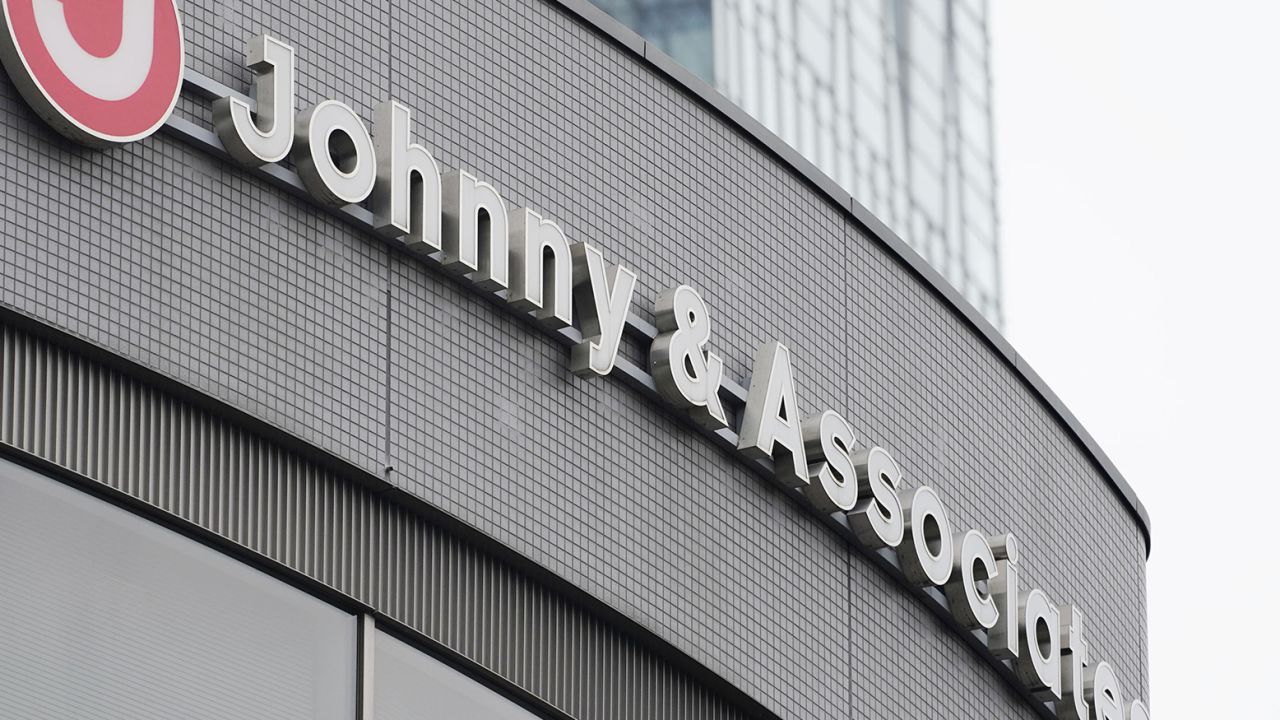 This photo taken on May 15, 2023, shows the sign of Johnny & Associates Inc., Japan's most powerful talent agencies, on its office building in Tokyo. 