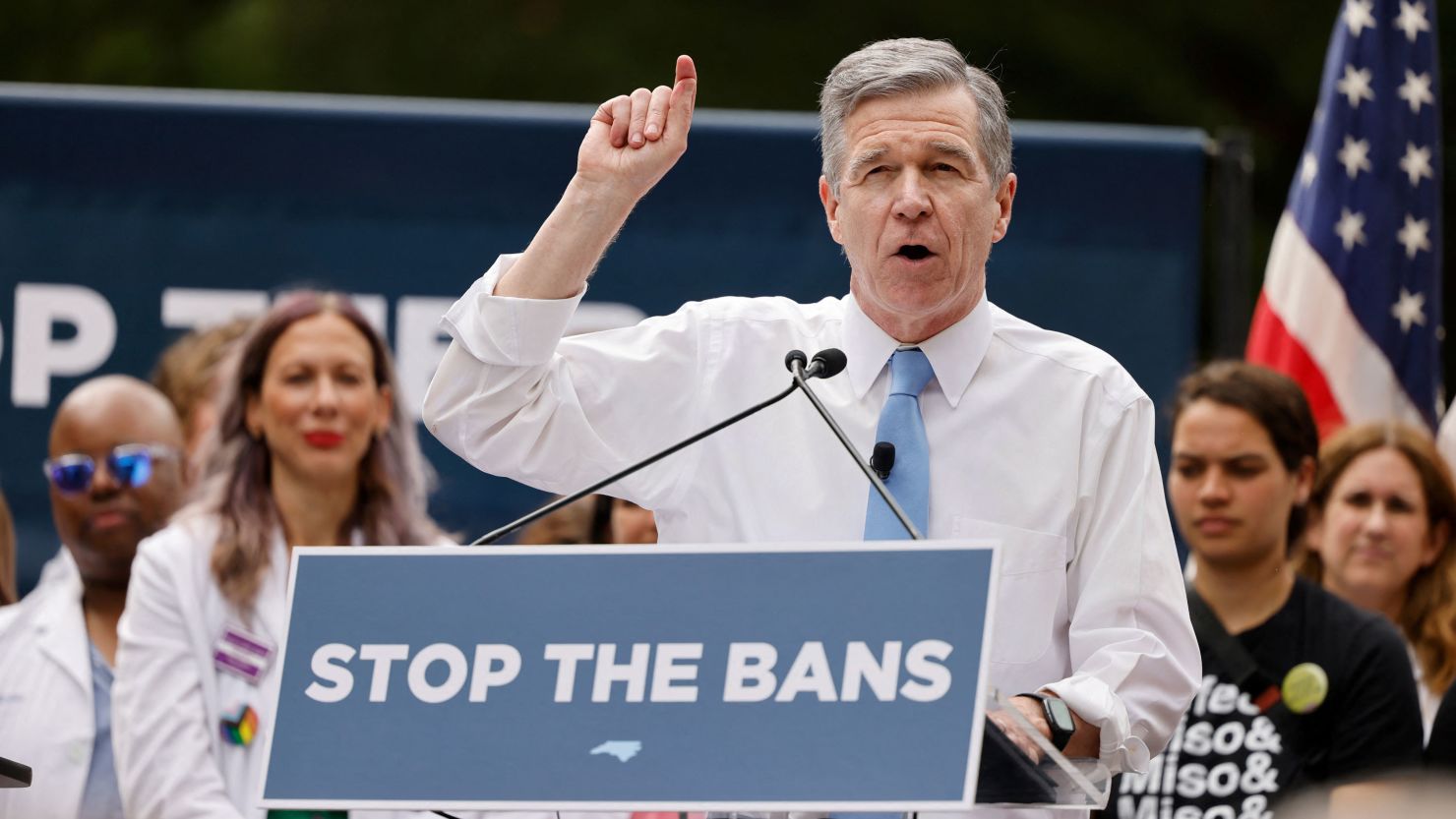 North Carolina Governor Roy Cooper speaks to abortion rights supporters shortly before vetoing the SB20 legislation limiting most abortions to the first trimester of pregnancy, a sharp drop from the state's current limit of 20 weeks gestation, in Raleigh, North Carolina, U.S. May 13, 2023. 