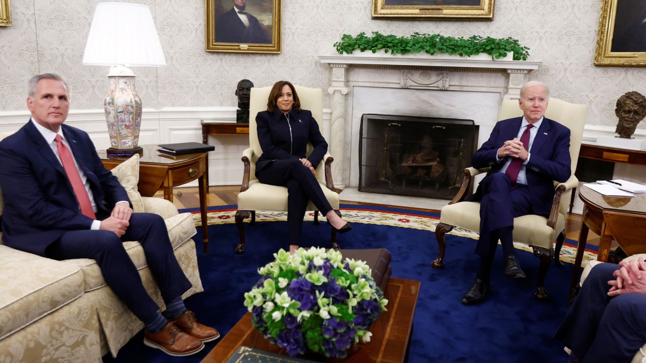 President Joe Biden hosts debt limit talks with House Speaker Kevin McCarthy (R-CA), Vice President Kamala Harris and other congressional leaders in the Oval Office at the White House on May 16, 2023. 