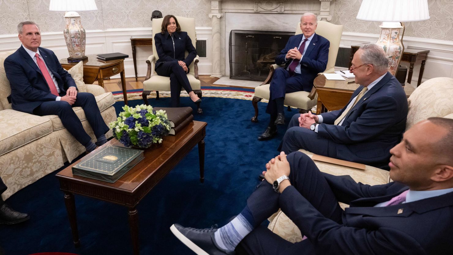 President Joe Biden speaks during a meeting on the debt limit with House Speaker Kevin McCarthy, Vice President Kamala Harris, Senate Majority Leader Chuck Schumer and House Minority Leader Hakeem Jeffries in the Oval Office of the White House in Washington, DC, on May 16.