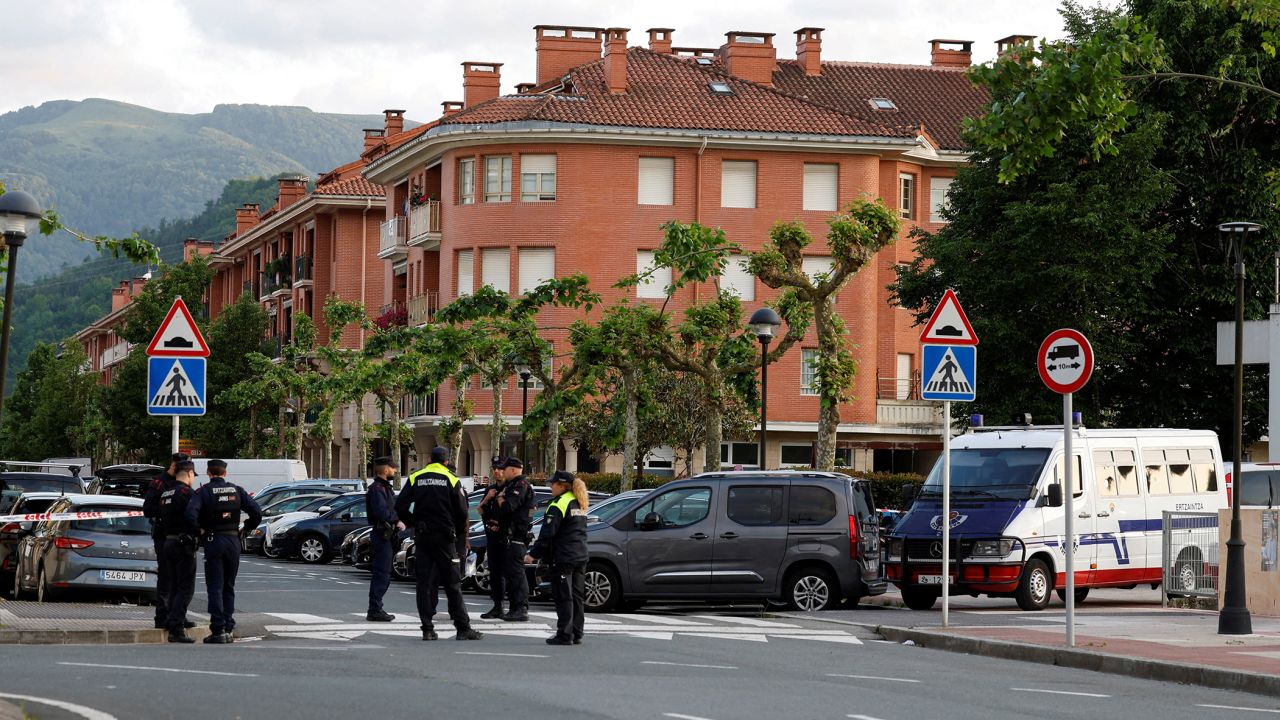 Police cordon off the area where a man and a woman died in a suspected bomb blast in Orio, northern Spain, May 16, 2023. R