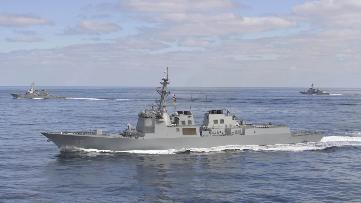 The South Korean Navy's Aegis destroyer King Sejong the Great, front, sails with US and Japanese ships during a joint drill off the east coast of the Korean peninsula on Feb. 22.