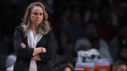 NEW YORK, NY - JULY 14: Head coach Becky Hammon of the Las Vegas Aces looks on against the New York Liberty at Barclays Center on July 14, 2022 in the Brooklyn borough of New York City. The Las Vegas Aces defeated the New York Liberty 108-74. NOTE TO USER: User expressly acknowledges and agrees that, by downloading and/or using this Photograph, user is consenting to the terms and conditions of the Getty Images License Agreement. (Photo by Mitchell Leff/Getty Images)