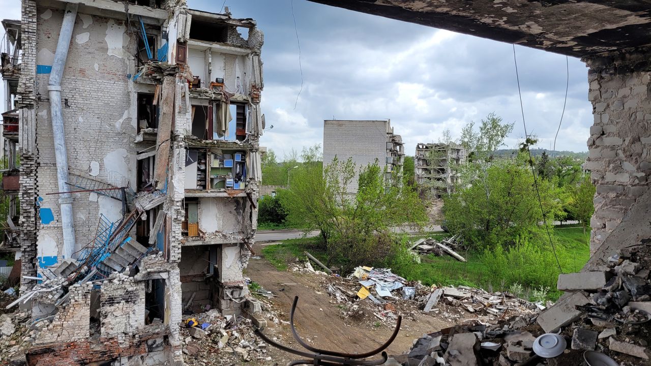 A destroyed apartment block in Izium, Kharkiv region, in April 2023.