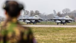 A picture shows F-16 fighter jets during the NATO international air force exercise Frisian Flag, at Leeuwarden Air Base on March 28, 2022.