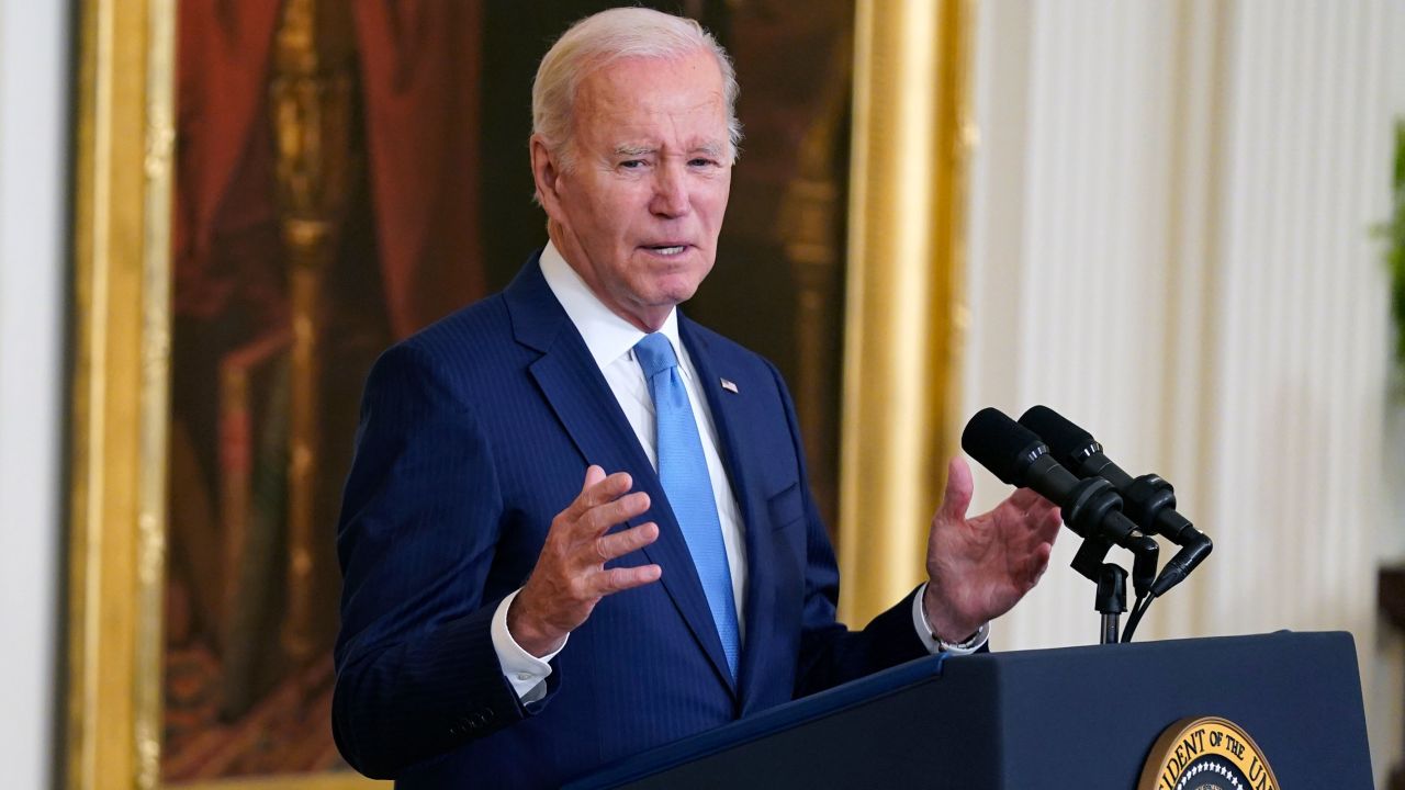 President Joe Biden speaks in the East Room of the White House just hours before he left for his trip to Japan.