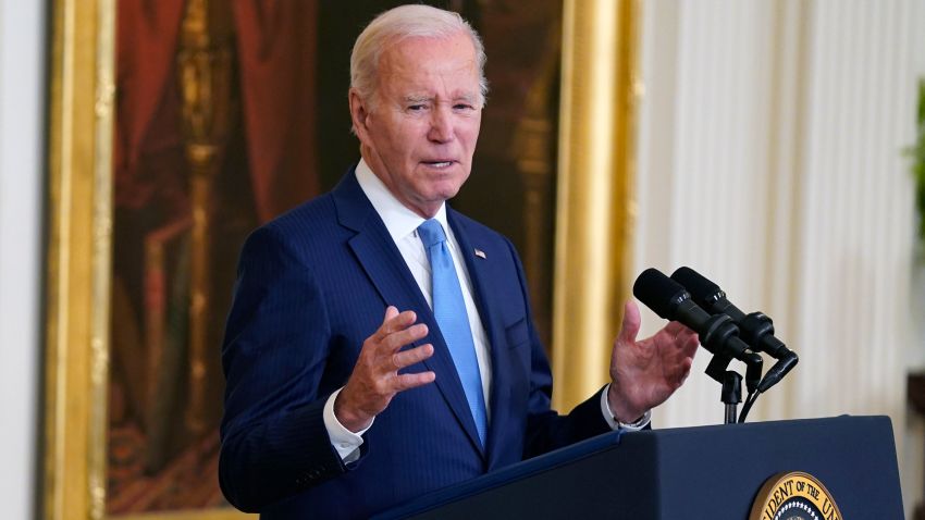 President Joe Biden speaks during a Medal of Valor ceremony in the East Room of the White House, Wednesday, May 17, in Washington, DC.