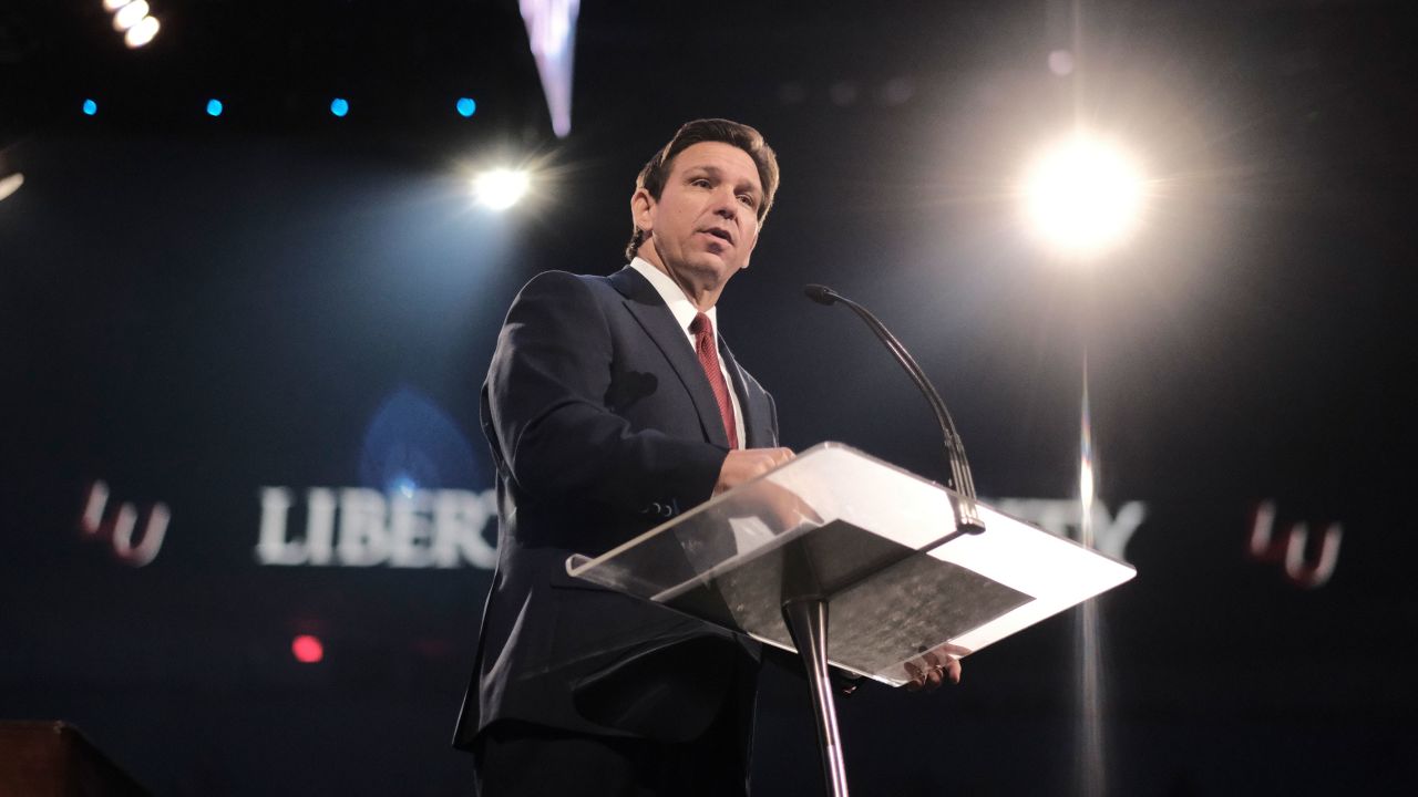 Florida Gov. Ron DeSantis speaks at Liberty University in Lynchburg, Virginia, on April 14, 2023. 