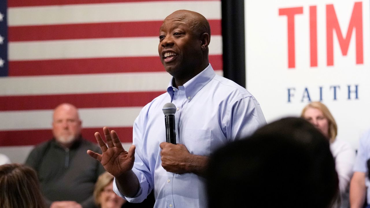 Sen. Tim Scott speaks during a town hall in Manchester, New Hampshire, on May 8, 2023.