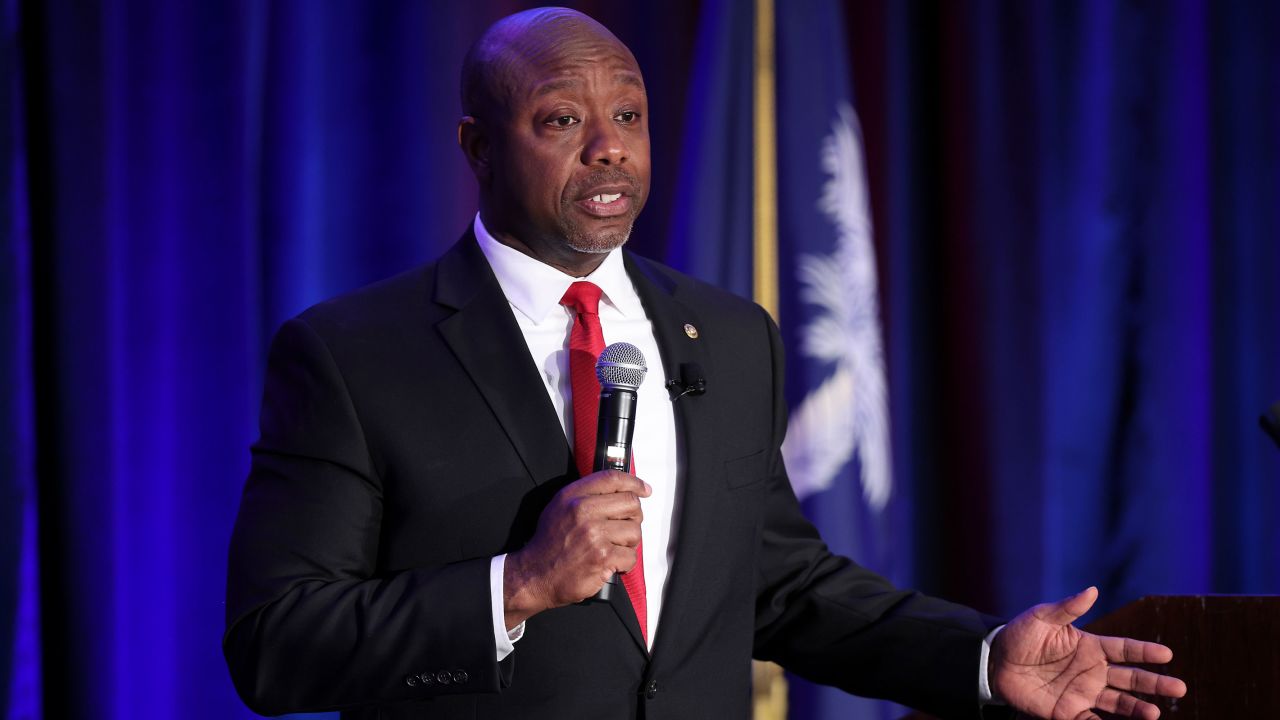 Sen. Tim Scott delivers remarks at the Charleston County Republican Party's Black History Month Banquet February 16, 2023 in Charleston, South Carolina.