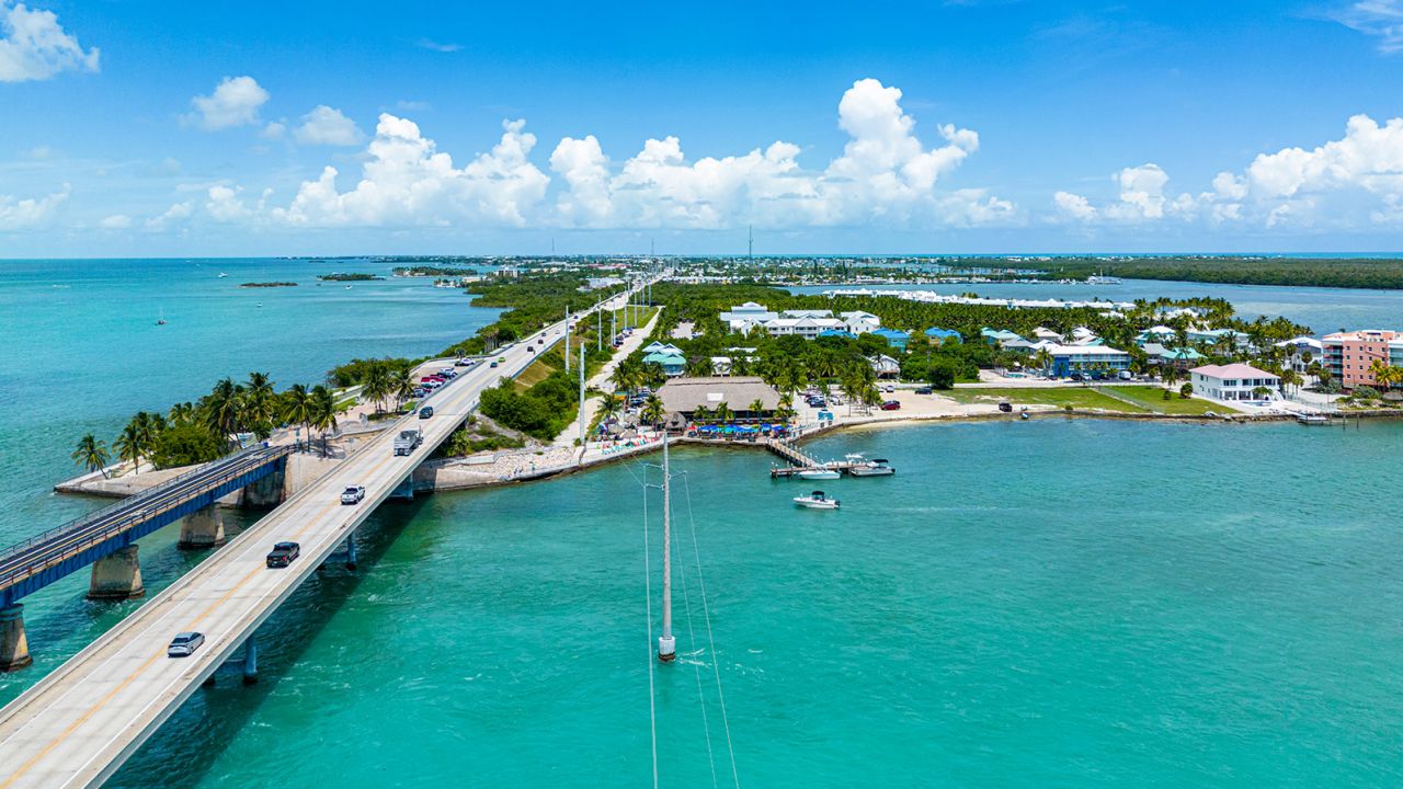 Aerial view of the island Marathon Key and the Seven Mile Bridge and the Overseas Highway at the Florida Keys