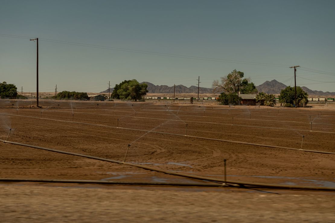A field is irrigated on Quechan tribal land in Yuma, Arizona, on April 4, 2023.