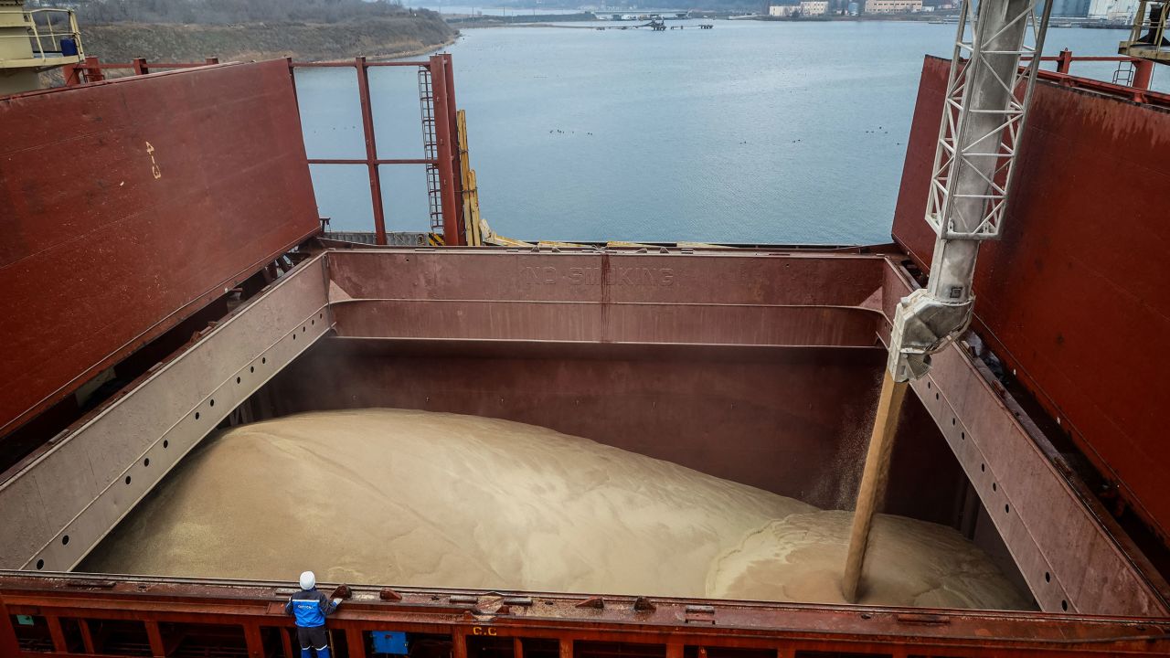 A photo shows the filling of the hold on the UN-chartered vessel MV Valsamitis while it is loaded to deliver 25,000 tonnes of Ukrainian wheat to Kenya and 5,000 tonnes to Ethiopia, at the port of Chornomorsk, east of Odessa on the Black Sea coast, on February 18, 2023, amid the Russian invasion of Ukraine. 